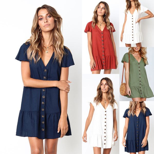 

woman clothing women dresses solid summer mini dress fashion button short sleeve shirt dresses fold white casual loose dress, Black;gray