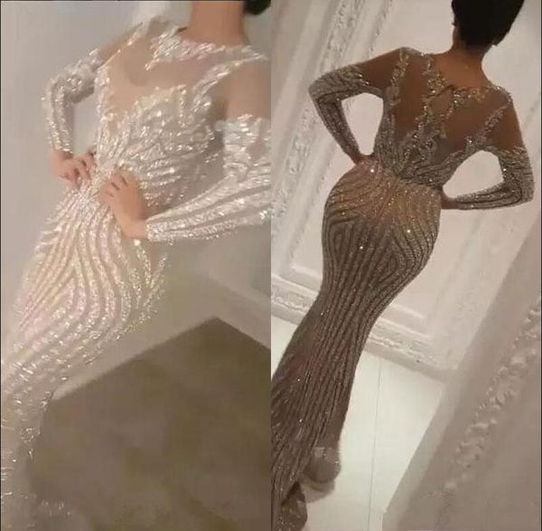 YOUSEF Aljasmi 2020 Luxo Longo Manga Lantejoulas De Prata Sereia Vestidos De Prom Sexy Sheer Jewel Neck Desgaste Desgaste Beads Celebrity Prom Vestidos