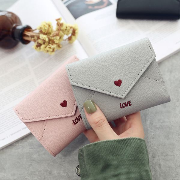 

cute love heart embroidery letters lychee pattern simple fashion 3 fold wallet 2019 women wallets multi-function purse, Red;black