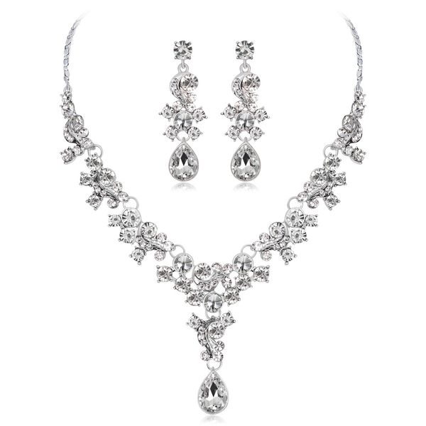 

fashion floral tricolor rhinestone necklace earring set necklace set, Silver