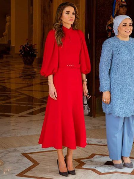 2020 Neue Elegante Meerjungfrau Rot Midi Kleid Stehkragen Mode Robe Kleid Kleider