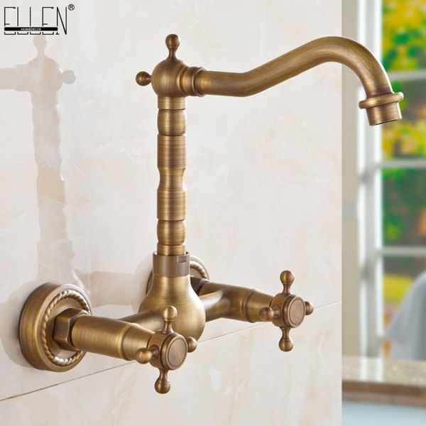 2019 Wall Mounted Kitchen Sink Faucet Dual Handle Antique Brass