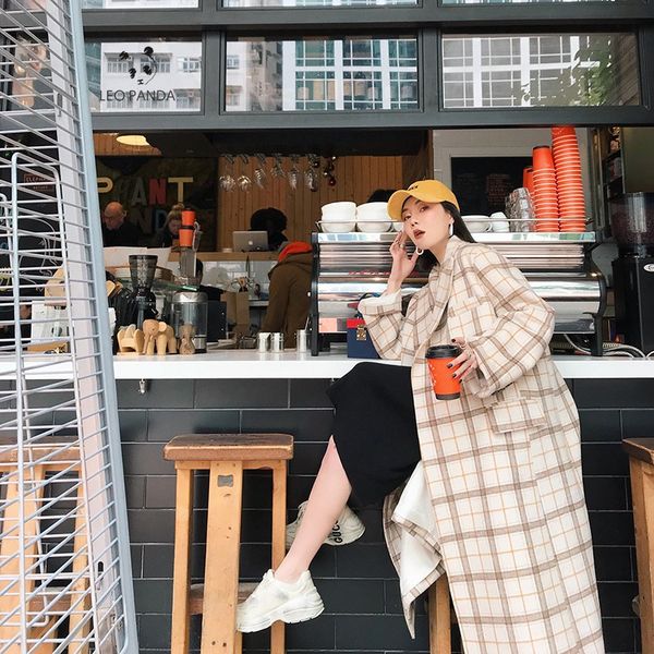 

winter check velvet coat female notched warm checkered woolen women's coats fleece office lady 2019 vintage long overcoat woman, Black
