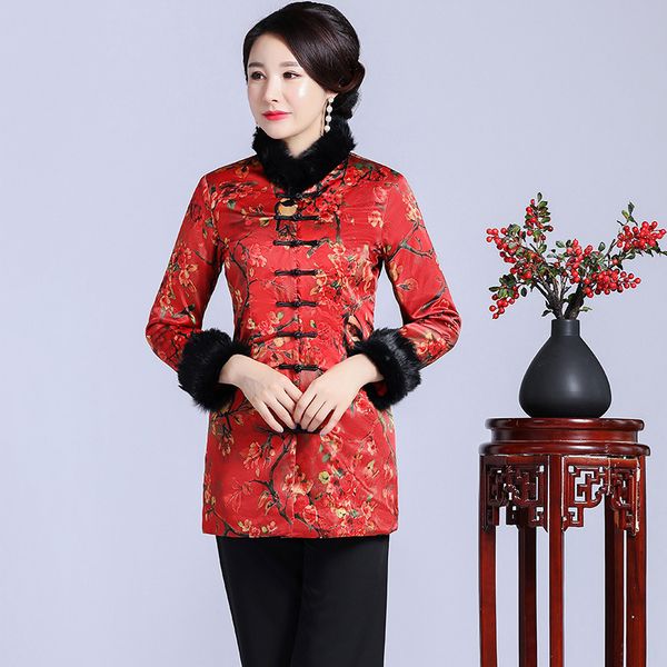 

chinese style women jacket elegant printed flower long sleeve coat winter new thick warm outwear slim handmade button outdoor, Black;brown