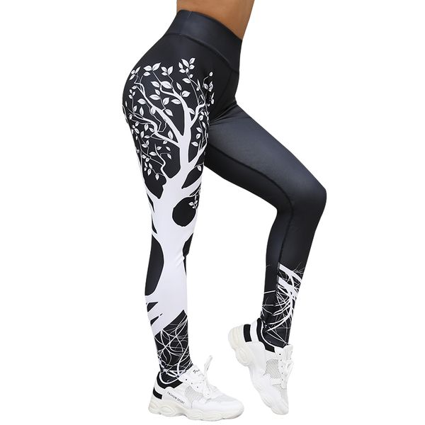 

women fashion tree printed leggings women workout leggings high waist fitness legging femme trousers pantss- 2 colors, Black