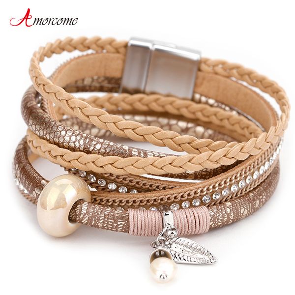 

amorcome multilayer double wrap bracelets & bangles natural pearl ceramic charm braid leather bracelets for women 2018 jewelry, Golden;silver