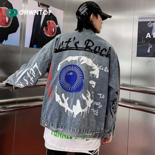 

hip hop streetwear denim jackets men vintage big eyes graffiti print denim jean jacket coat harajuku bomber jacket cotton, Black;brown