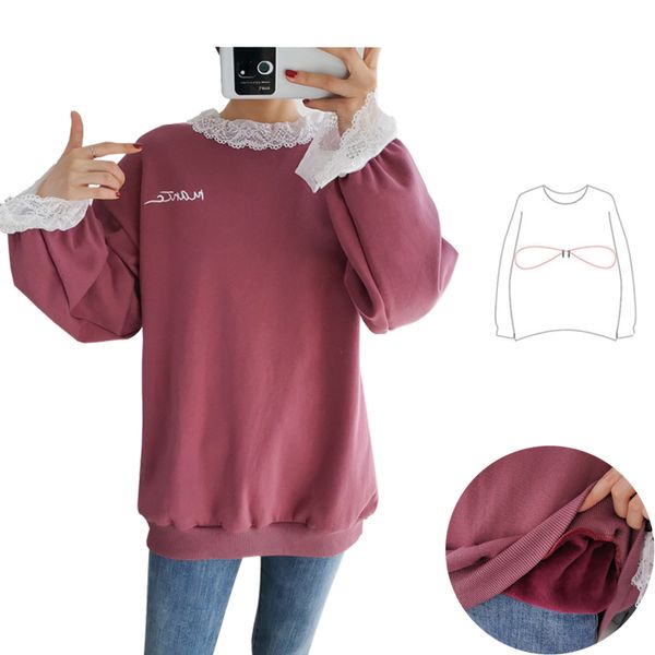 

winter fleece nursing hooded lace decoration fashion casual pregnant women clothing 8992, White
