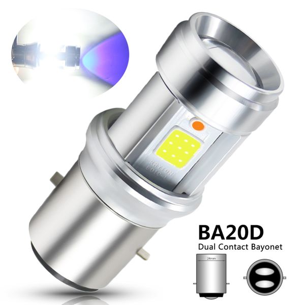 

1pc ba20d led motorcycle headlight lens bulbs 18w high power cob chip high/low beam white + blue motorbike scooter light 9-18v