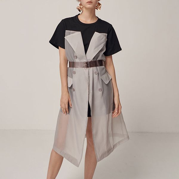 

fashion tide summer new casual women loose feminina shirt dresses round neckline patchwork short sleeves landing button dress, Black;gray