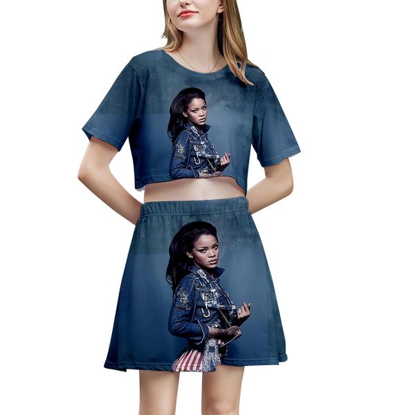 

3d colour rihanna printing skirt short t shirt suit, Black;blue
