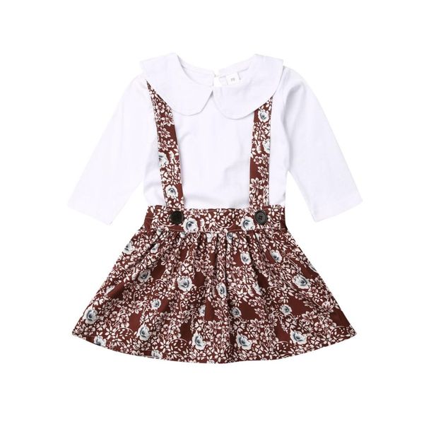 

fashion infant baby girl clothes flower doll collar skirt strap dress clothes 2pcs kids clothing set floral baby outfits, White