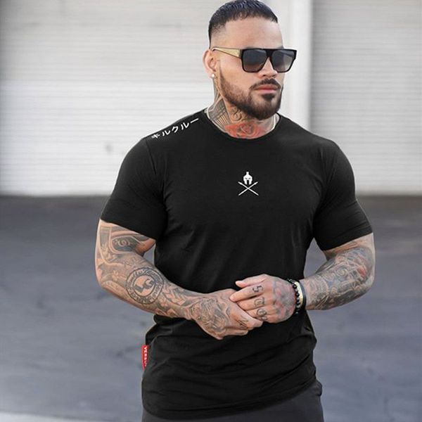 

2020 summer new sports gyms t shirt men fitness bodybuilding shirt male cotton short sleeve clothing brand running t-shirt men, Black;blue