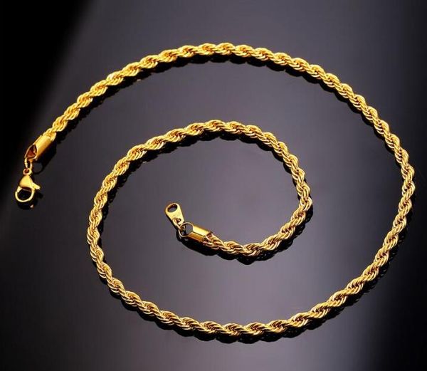2019 новая мода 18-30 дюймов 3 мм 18к настоящий позолоченный из нержавеющей стали веревка цепи ожерелье для мужчин золотые цепи мода ювелирных изделий подарок