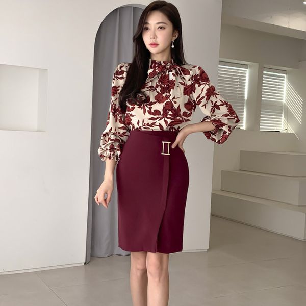 

2020 новый корейский streetwear modis два piece set фонарь рукава цветок блуза и sheer midi юбка женская 2 piece set plus size, White