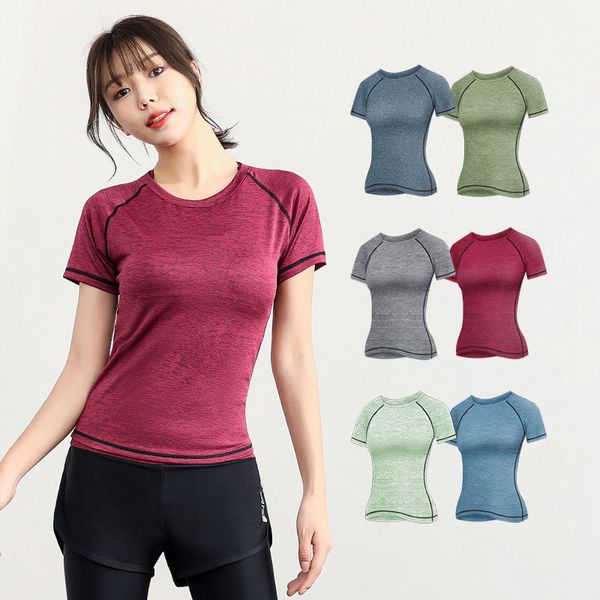 

women red yoga seamless quick dry running t-shirts breathable sleeve t-shirts comfort sport wear fitness gym femme clothes, Black;blue