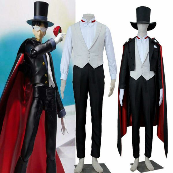 

anime sailor moon tuxedo mask chiba mamoru cosplay costume uniform:ing, Black;red