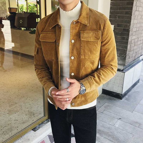 

autumn winter new men's jacket warm slim fashion man coat casual multi-pocket decorative corduroy bomber outerwear men, Black;brown