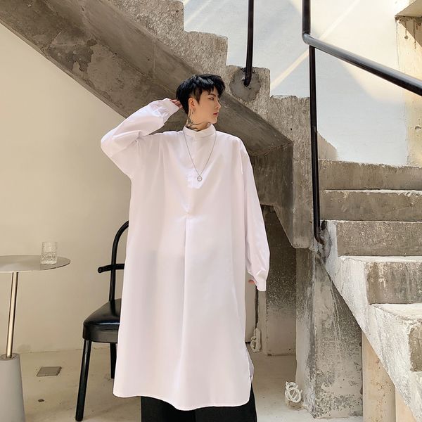 

mixcubic 2019 autumn british style simple standing collar shirts men casual loose long section shirts for men,size s-xl, White;black