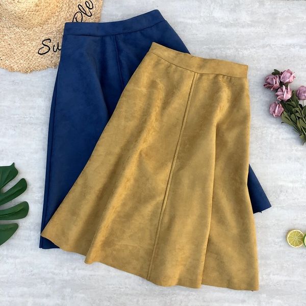 

skirts womens winter suede leather skirt patchwork pu leather office lady stretched elastic waist a-line knee-length skirt, Black;gray