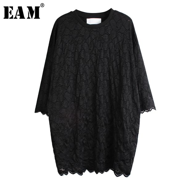 

eam] women black lace split temperament big size t-shirt new round neck long sleeve fashion tide spring autumn 2020 1s523, White