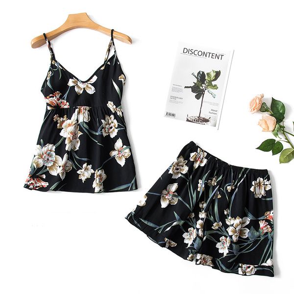 

silk floral cami & shorts set summer new women sleeveless pijama nightwear overall print pajama set sleepwear, Black;red