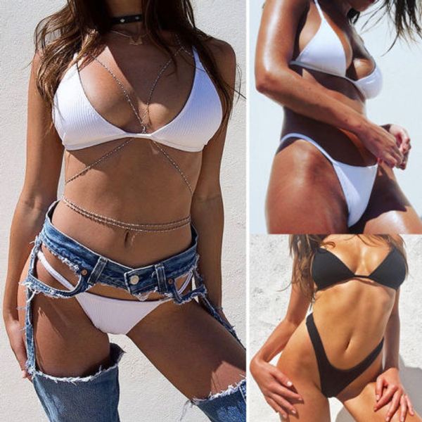 

new women swimwear bandage bikini set push-up padded bra bathing suit solid color swimsuit low waist beachwear biquini 2018