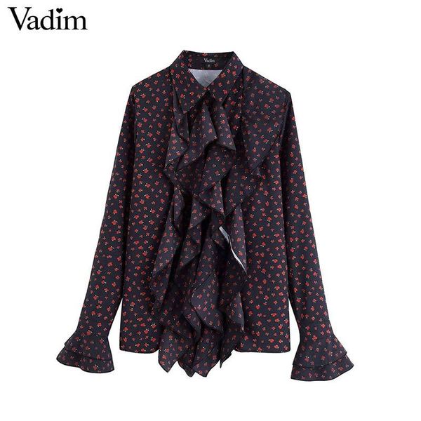 

vadim women sweet floral blouses ruffles long flare sleeve shirts cute female casual preppy style blusas lb723, White