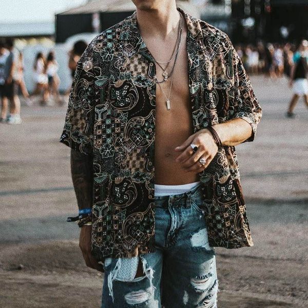 

2019 men's clothing mens contrast color geometric printed turn down collar short sleeve loose shirts hauts pour hommes plus size, White;black