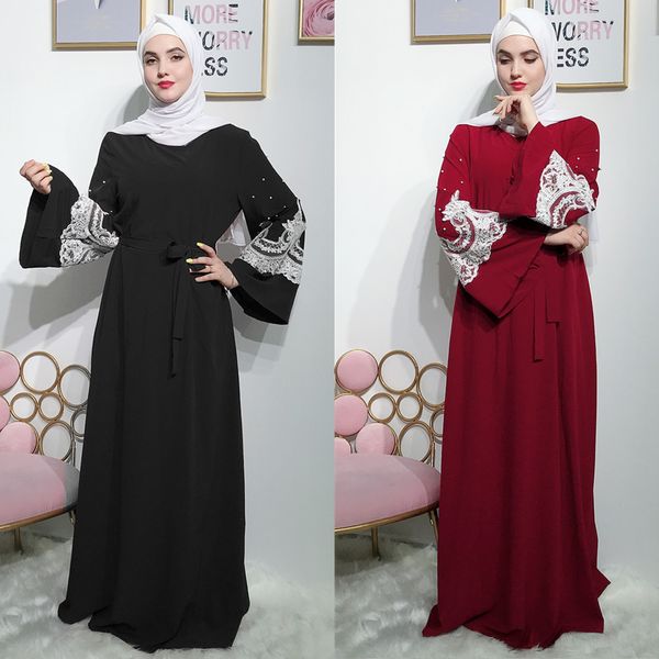 

2019 elegant muslim sweet pearls long dresses robes abaya arab women kaftan maxi dress islamic clothing, Red