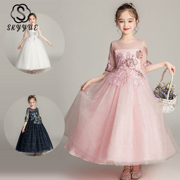 

skyyue lace flower girl dress for wedding elegant illusion half-sleeve sequines tulle kid party dresses communion gown 2019 1716, Red;yellow