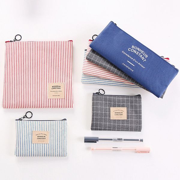 

classic cute pencil case korean stationery stripe grid fabric pouch pencil holder pen bag canvas cosmetic bag coin purse
