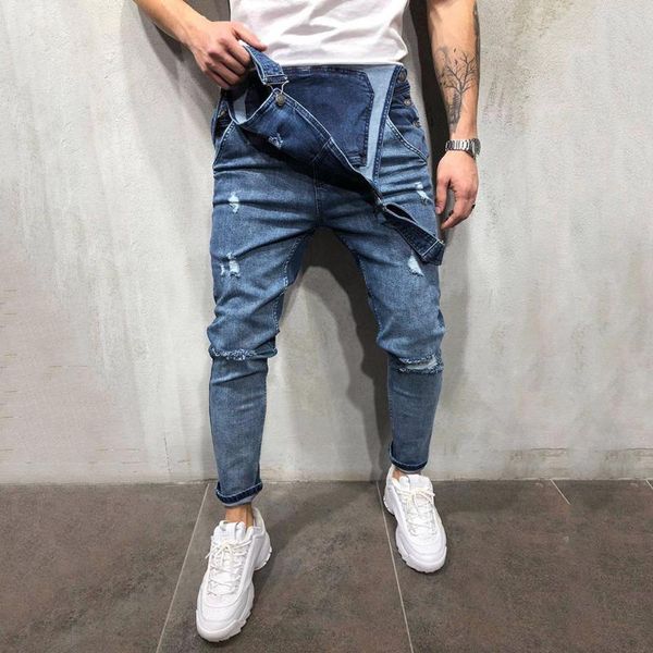 

men's jeans fashion pants overall casual jumpsuit wash broken pocket trousers suspender mens, Blue