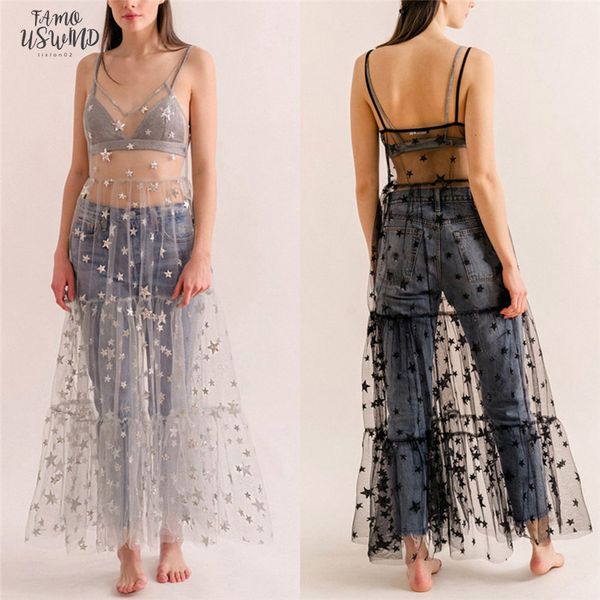 

женские кружевные сетчатые бретельки спагетти see through cover sexy see through baggy ladies stars beach bling длинное платье, Black;gray