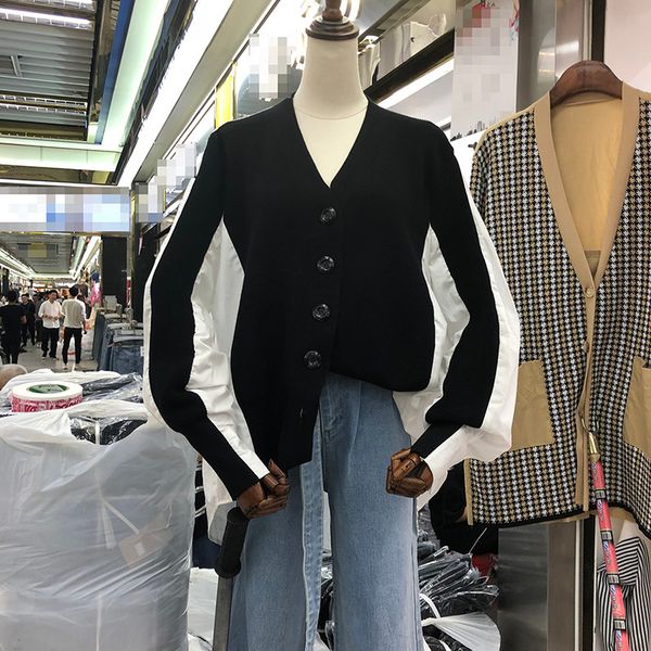 

2019 season easy split joint false color two paper knitting unlined upper garment v lead stripe shirt loose zip-up coat h190517, Black