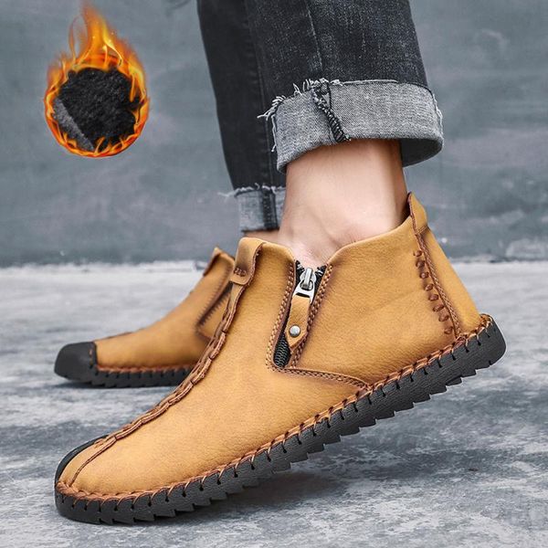 

men winter fur ankle boots 2019 fashion man's casual warm plush flats shoes male quality pu leather short boot comfortable boots, Black