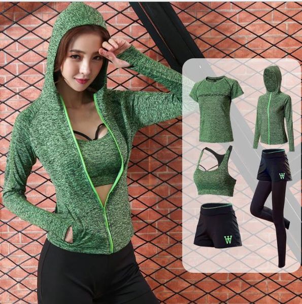 

garment suit outdoor running short-sleeved sports coat fitness long-sleeved yoga five-piece suit, White;black