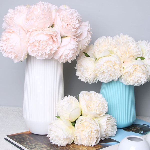 

decorative flowers & wreaths 5pc artificial peony silk fake flower arrangement wedding bridal bouquet home display party festival decor whit