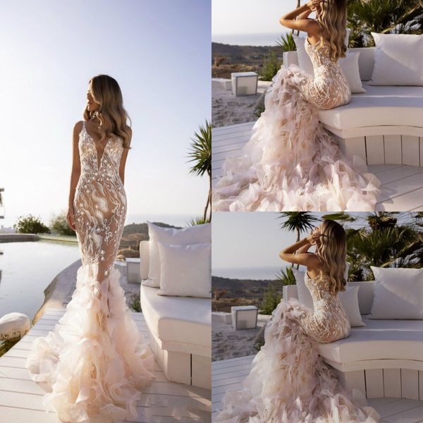 

illusion bodice mermaid wedding dresses deep v neck sleeveless tiers appliques lace bridal gowns sweep train robes de mariÃ©e, White