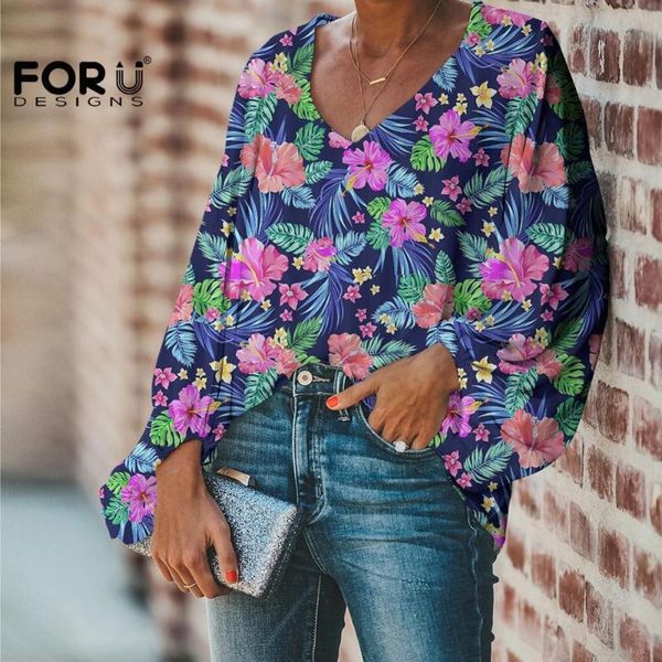 

forudesigns tropical flower seamless pattern long-sleeve-blouse for female shirts with leaf purple green lilac for ladies, White