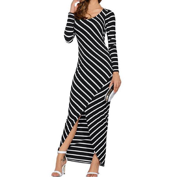 

2019 spring summer women fashion striped long sleeve o-neck hip irregular fork dress midi celebrity party dresses, Black;gray