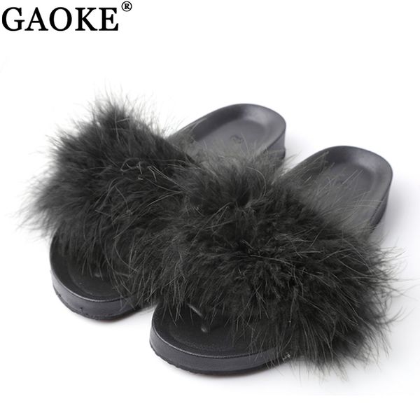 

fur furry slide sweet feather shoes platform thick bottom beach female sandals hair flip flops women home slippers indoor soft, Black
