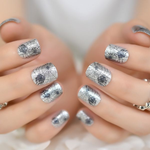 

silver black spider web false fake nails cobweb pattern design manicure nail art decoration faux ongles easy wear, Red;gold