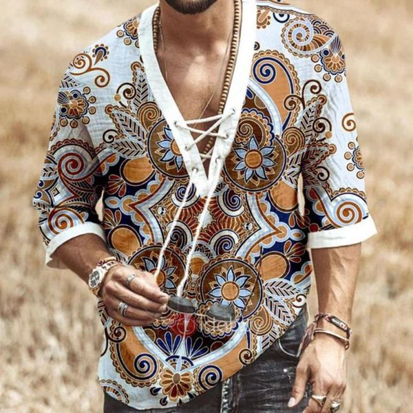 

men's casual shirts vintage printed tethered neckline half sleeve stylish blouse, White;black