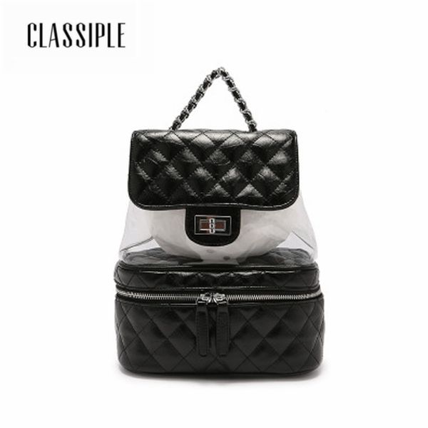 

backpack women pu leather black bucket bag chain transparent females backpack school rucksack college shoulder