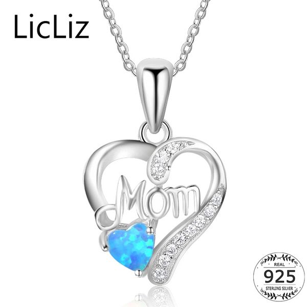 

licliz 925 sterling silver heart pendant necklace women blue opal mom necklace gift zircon initial letter chain ln0274