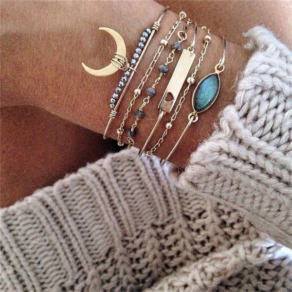 

gold moon geometric colored stones heart bracelets & bangles for women boho adjustable multiple layers bracelet set jewelry, Black