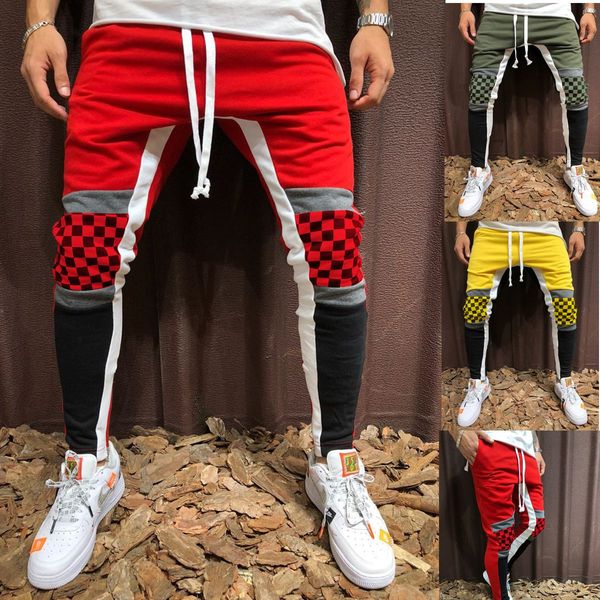 

qnpqyx men autumn sports pants plaid contrast color stitching hip-hop fitness pants drawstring joggers streetwear pencil pants, Black