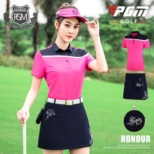 

pgm new golf clothing women summer sports casual womens short sleeve + golf skirt goldfish embroidered pattern soft comfortable, Black;blue