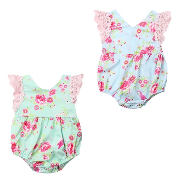 

summer newborn baby girl kid floral lace bodysuit jumpsuit outfit sunsuit casual top, Blue